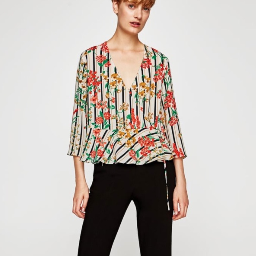NWT Zara Floral Striped Crossed-Front Blouse